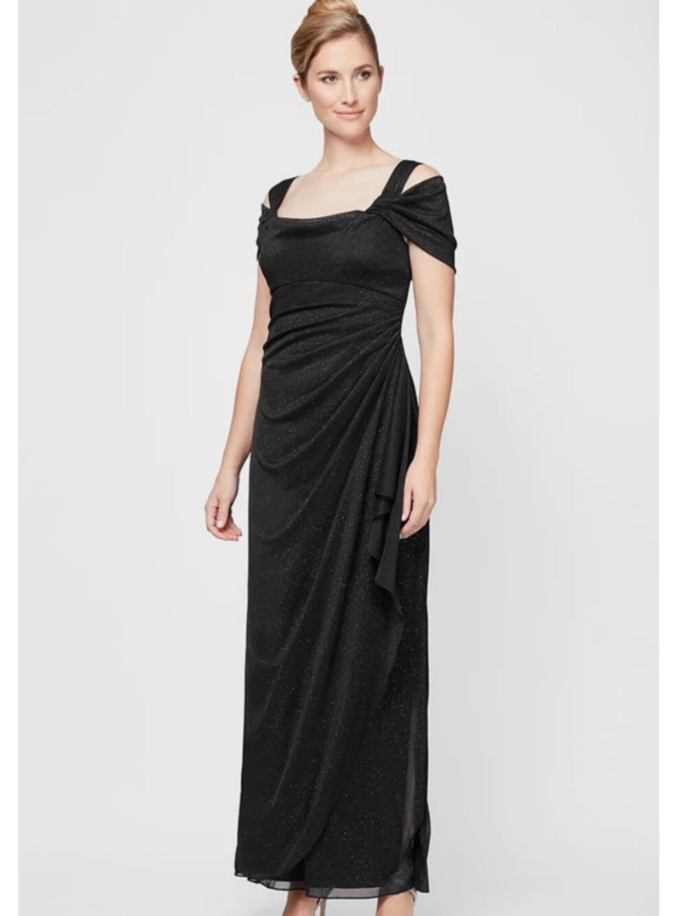 Hannah Glitter Mesh Cowl-Neck Cold Shoulder Gown